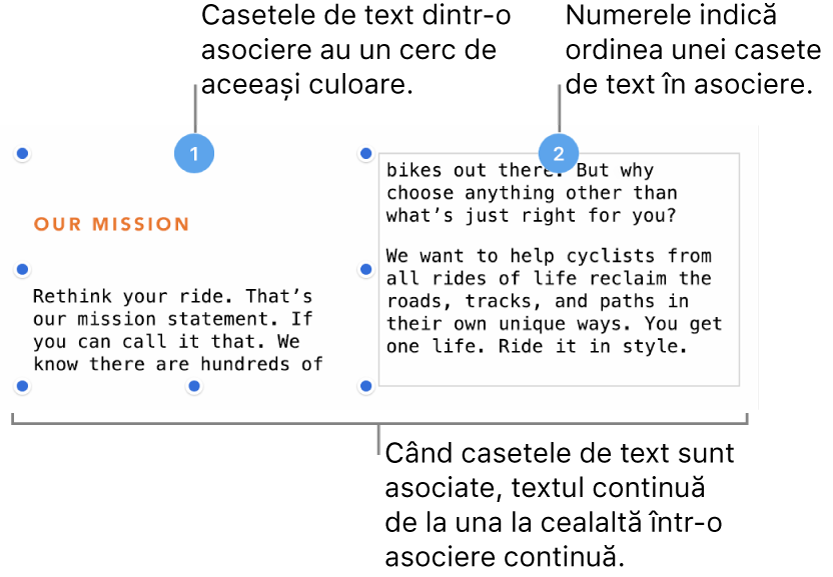 Două casete de text cu cercuri mov în partea de sus și numerele 1 și 2 în cercuri.