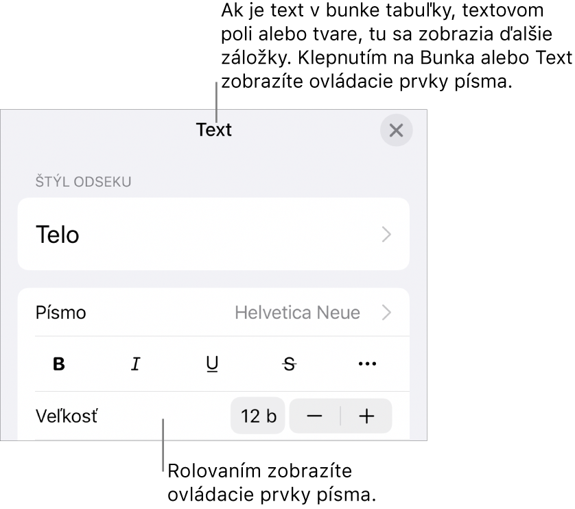 Ovládacie prvky textu v menu Formát pre nastavenie štýlov, písma, veľkosti a farby odsekov a znakov.