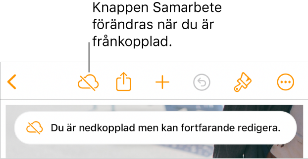 Knapparna överst på skärmen med knappen Samarbete ändrad till ett moln med ett diagonalt streck genom det. Ett meddelande på skärmen säger Du är nedkopplad men kan fortfarande redigera.