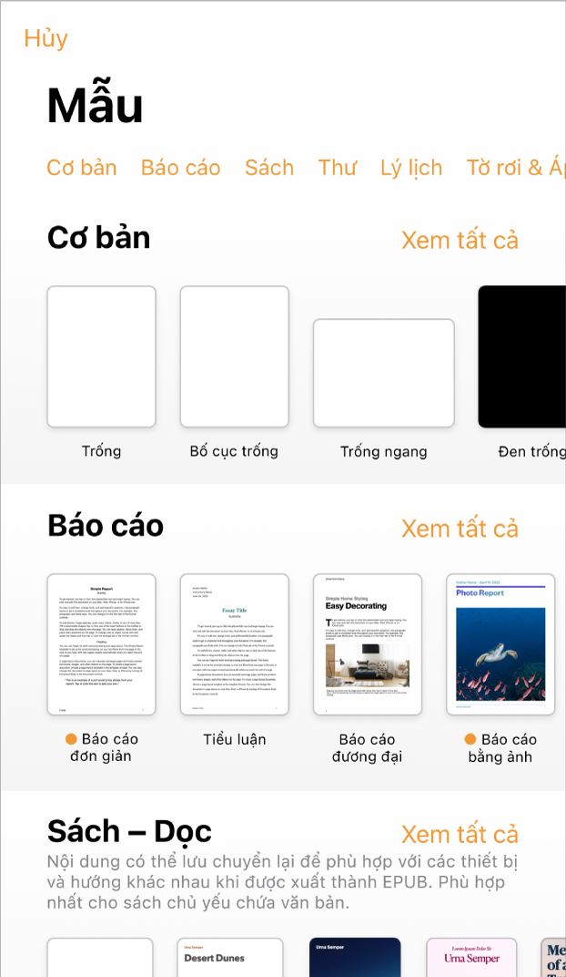 Bộ chọn mẫu, đang hiển thị một hàng các danh mục dọc trên cùng mà bạn có thể chạm để lọc các tùy chọn. Bên dưới là các hình thu nhỏ của các mẫu được thiết kế sẵn được sắp xếp theo các hàng theo danh mục, bắt đầu với Mới ở trên cùng và theo sau là Gần đây và Cơ bản. Nút Xem tất cả sẽ xuất hiện phía trên và ở bên phải của từng hàng danh mục.