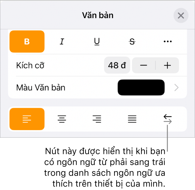 Các điều khiển văn bản trong menu Định dạng với chú thích đang trỏ tới nút Phải sang trái.