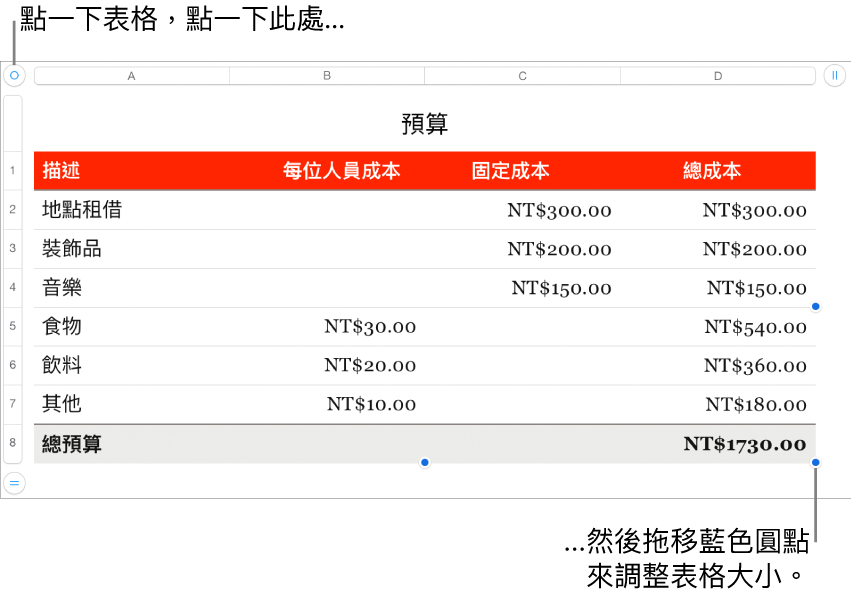 選取的表格，帶有調整大小的藍色圓點。