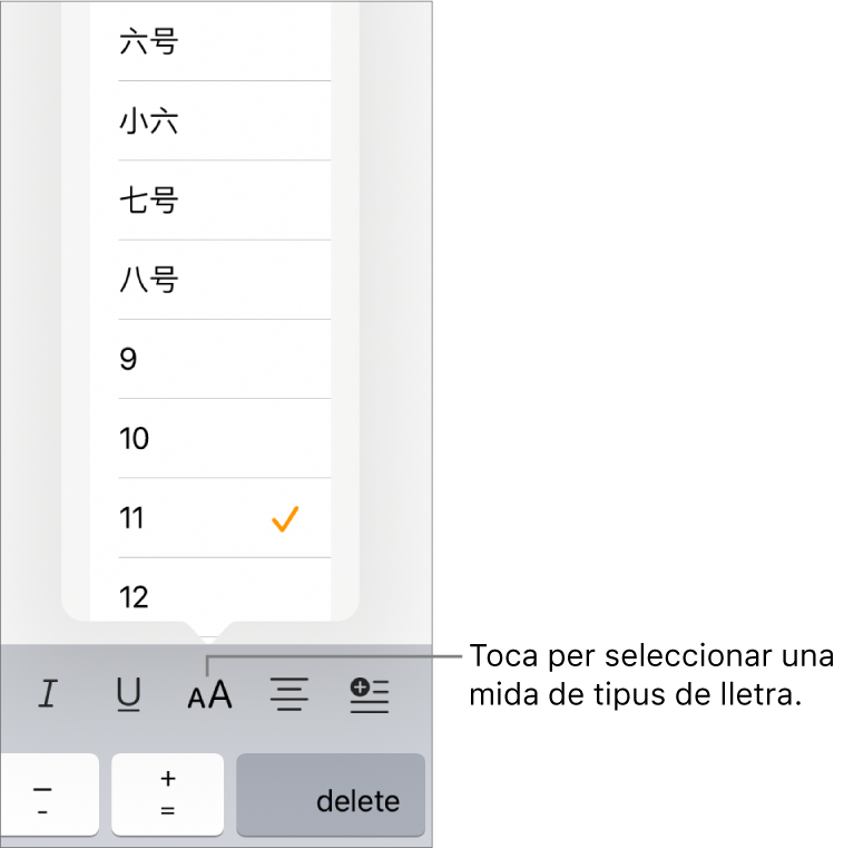 El botó “Mida de lletra” a la part dreta del teclat de l’iPad amb el menú “Mida de lletra” obert. Les mides de lletra estàndard del govern de la Xina continental es mostren a la part superior del menú amb les mides en punts a sota.