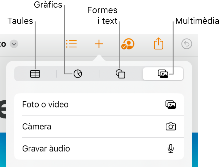 Els controls Inserir oberts amb botons per afegir taules, gràfics, text, formes i contingut multimèdia a la part superior.