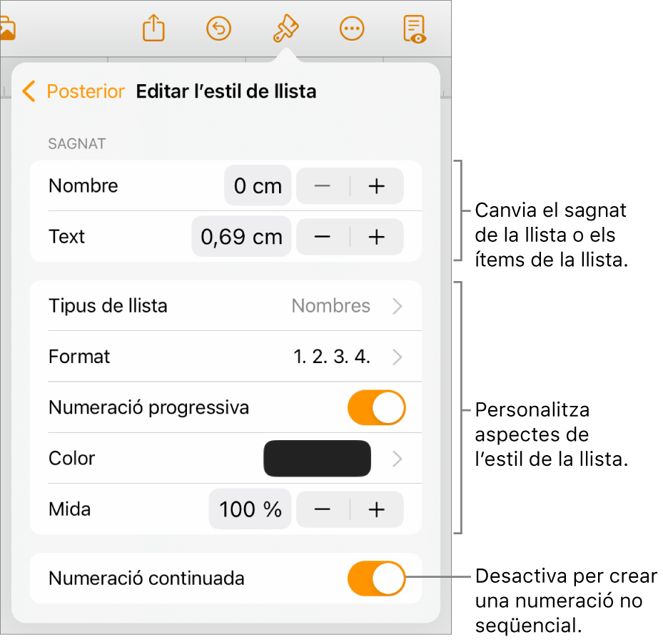 El menú “Editar l’estil de llista” en què es mostren els controls de l’espaiat de sagnat, tipus i format de la llista, numeració progressiva, color i mida de la llista i numeració contínua.