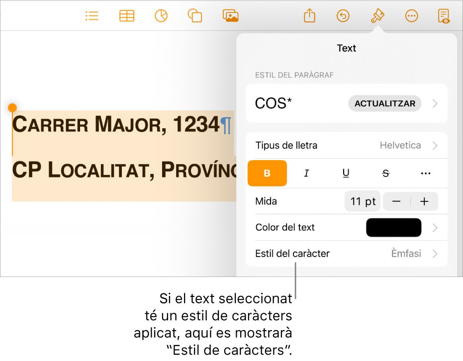 Els controls de format de text amb l’estil de caràcter a sota dels controls “Color del text”.