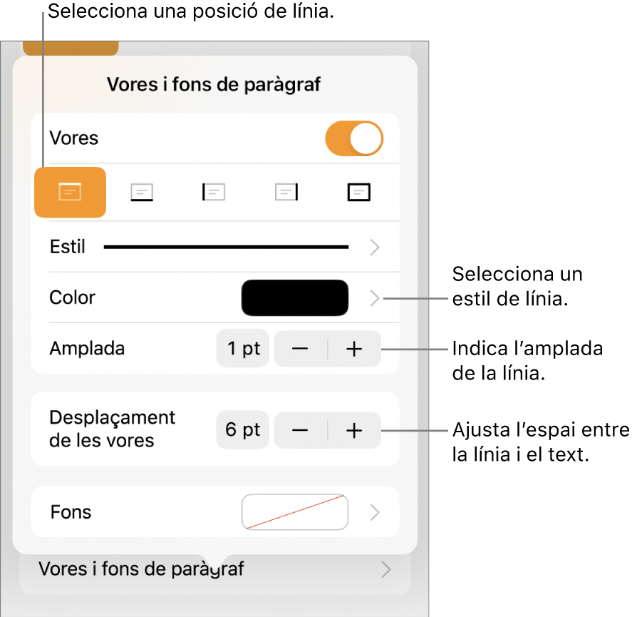 Controls per canviar l’estil, el gruix, la posició i el color de la línia.