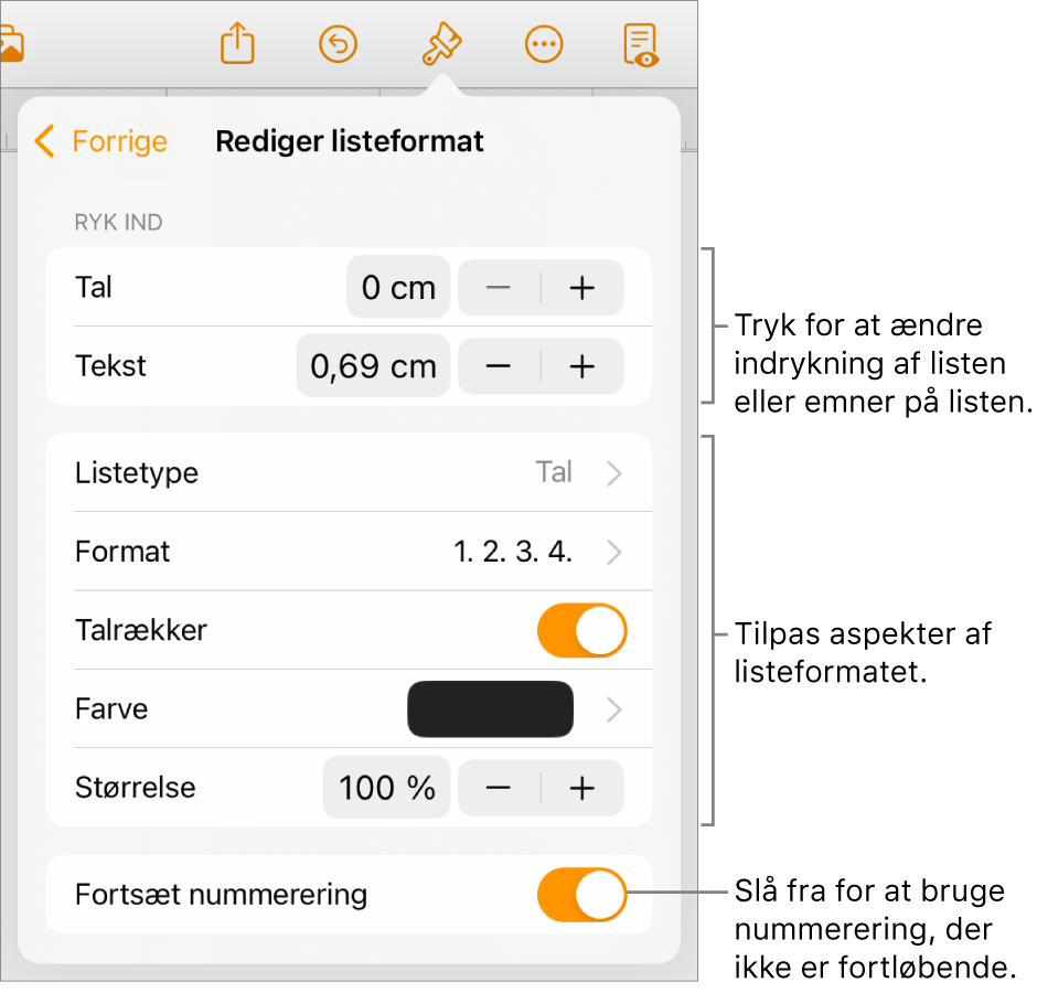 Menuen Rediger listeformat med betjeningsmuligheder til ind- og udrykning, listetype og -format, talrækker, listefarve og -størrelse og fortsat nummerering.