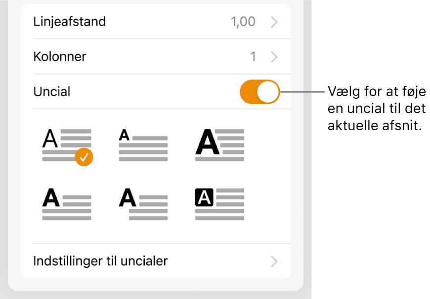 Betjeningsmulighederne til Uncial placeret i menuen Tekst.