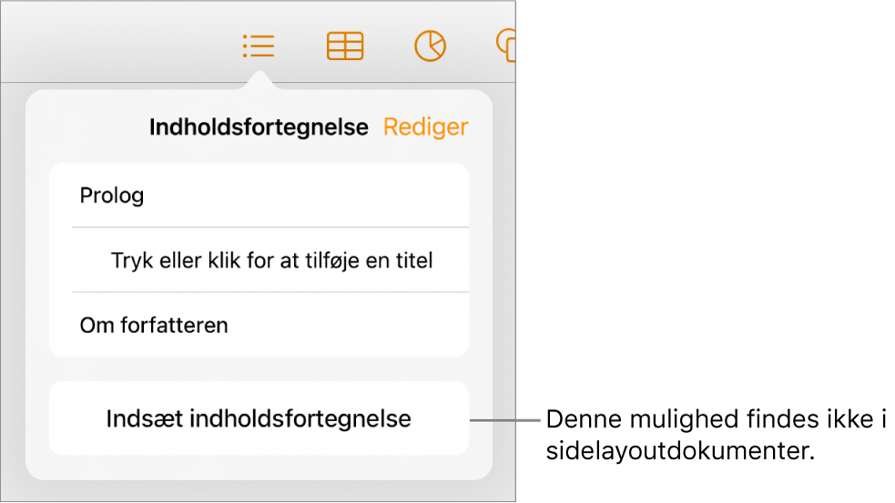 Oversigten med indholdsfortegnelsen med Rediger øverst til højre, indholdsfortegnelsens punkter og knappen Indsæt indholdsfortegnelse nederst.