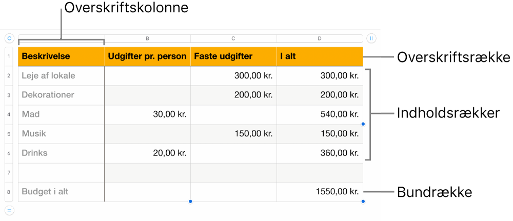 En tabel med overskrifts-, indholds- og bundrækker og -kolonner.