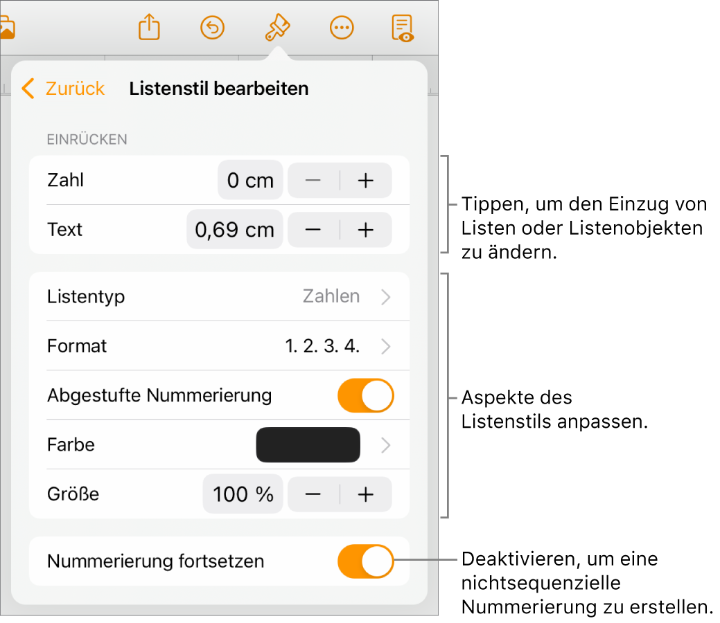 Das Menü „Listenstil bearbeiten“ mit Steuerelementen für Einzug, Listenart und -format, abgestufte Nummerierung, Listenfarbe und -größe sowie kontinuierliche Nummerierung.