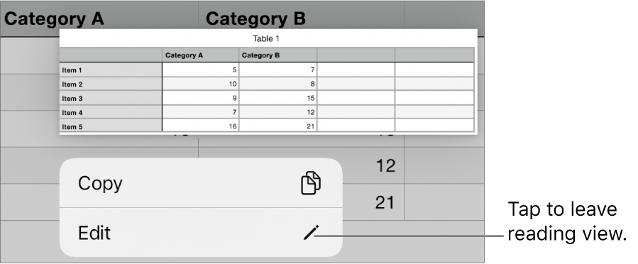 A table cell is selected, and above it is a menu with Copy and Edit buttons.