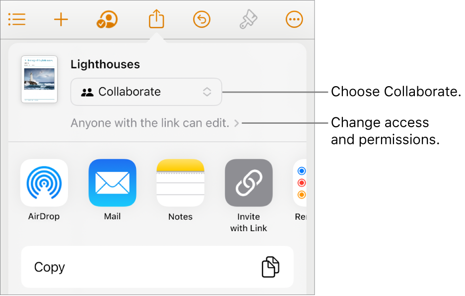 The Share menu with Collaborate selected at the top, and access and permission settings underneath.