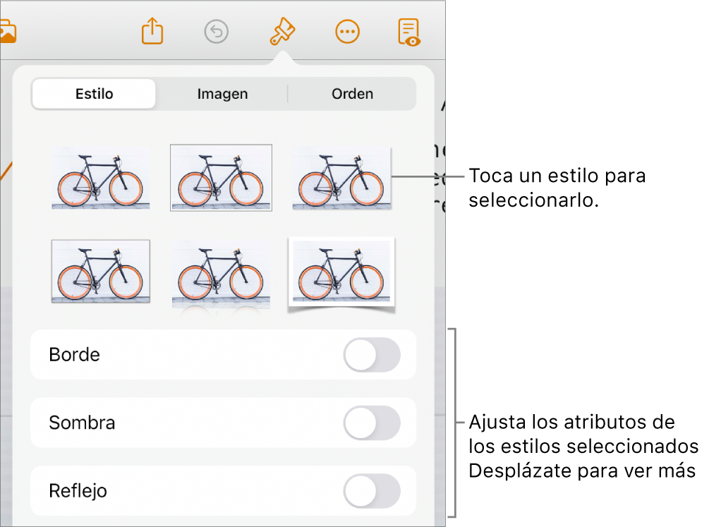 La pestaña Estilo del menú Formato con estilos de objeto en la parte superior y controles debajo para cambiar el borde, la sombra, el reflejo y la opacidad.