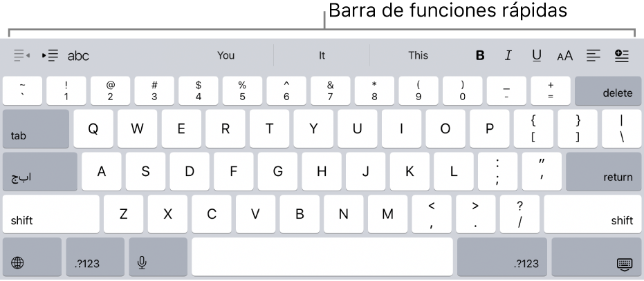 Un teclado con los botones de función rápida en fila por encima de la fila superior de las teclas.