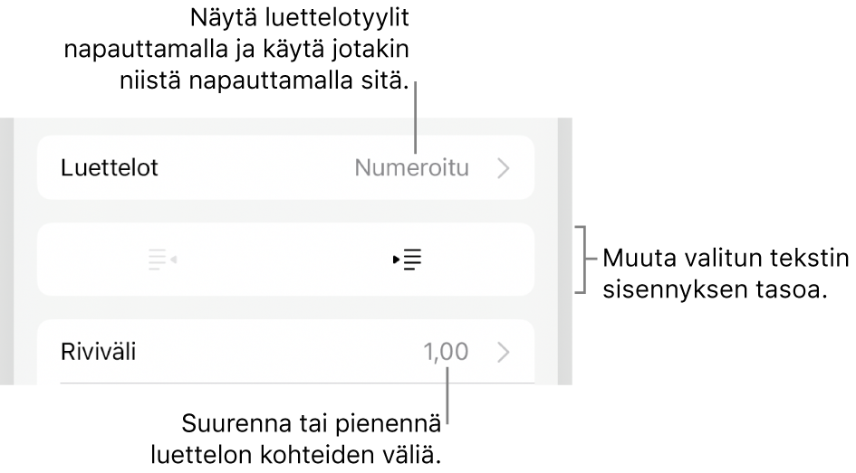 Muoto-säätimien Luettelot-osio, jossa on selitteet Luetteloihin, ulonnus- ja sisennyspainikkeisiin ja rivivälisäätimiin.