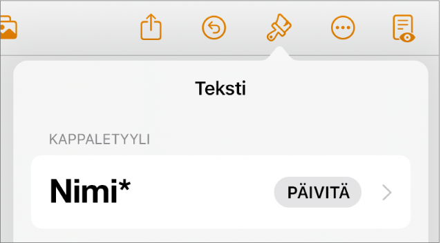 Leipäteksti-kappaletyyli, jonka vieressä on tähtimerkki ja oikealla puolella Päivitä-painike.