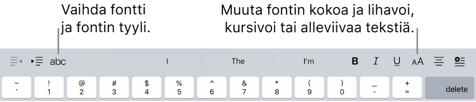 Tekstinmuotoilupainikkeet näppäimistön yläpuolella, vasemmalta lähtien sisennys, fontti, kolme ennakoivan tekstin kenttää, fonttikoko, tasaus ja lisäys.