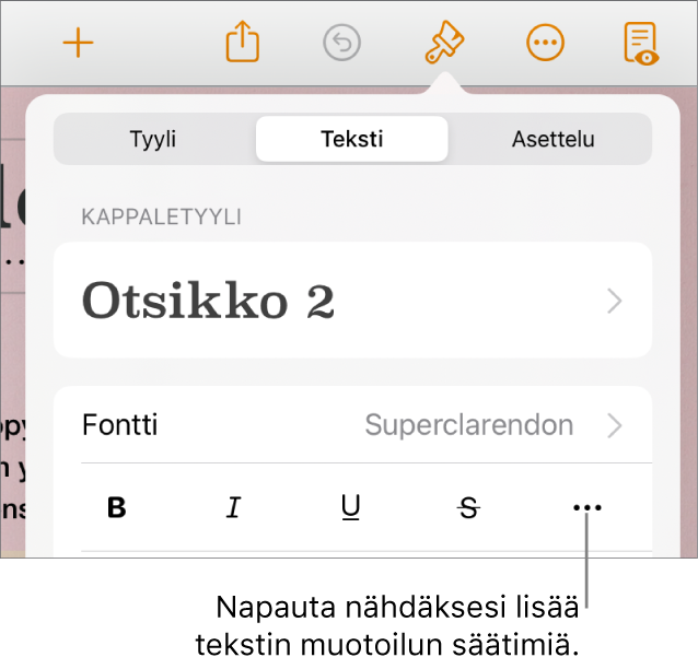 Muoto-säätimien Teksti-välilehti, jossa Lisää tekstivalintoja -painikkeen selite.