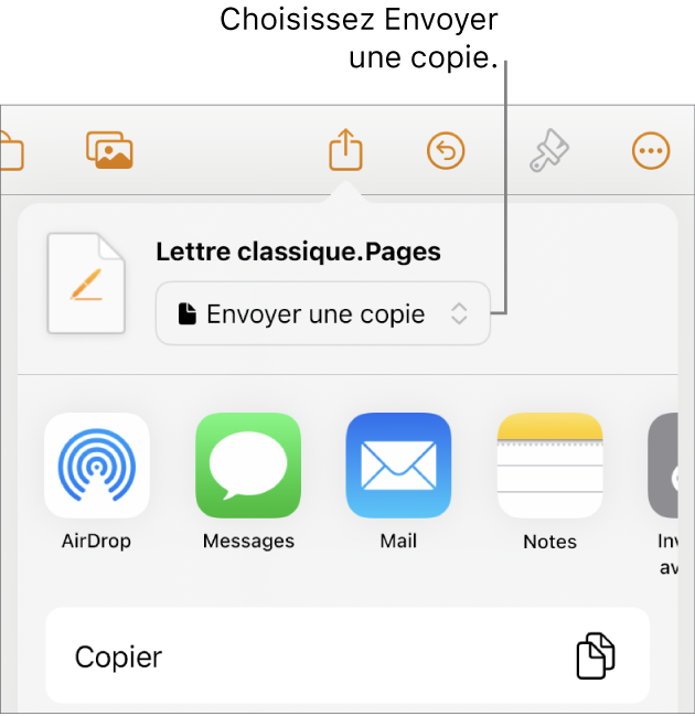 Le menu Partager avec l’option Envoyer une copie sélectionnée dans le haut.