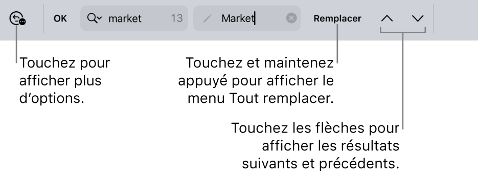 Les commandes Rechercher et remplacer au-dessus du clavier avec des légendes pour les boutons Options de recherche, Remplacer, Monter et Descendre