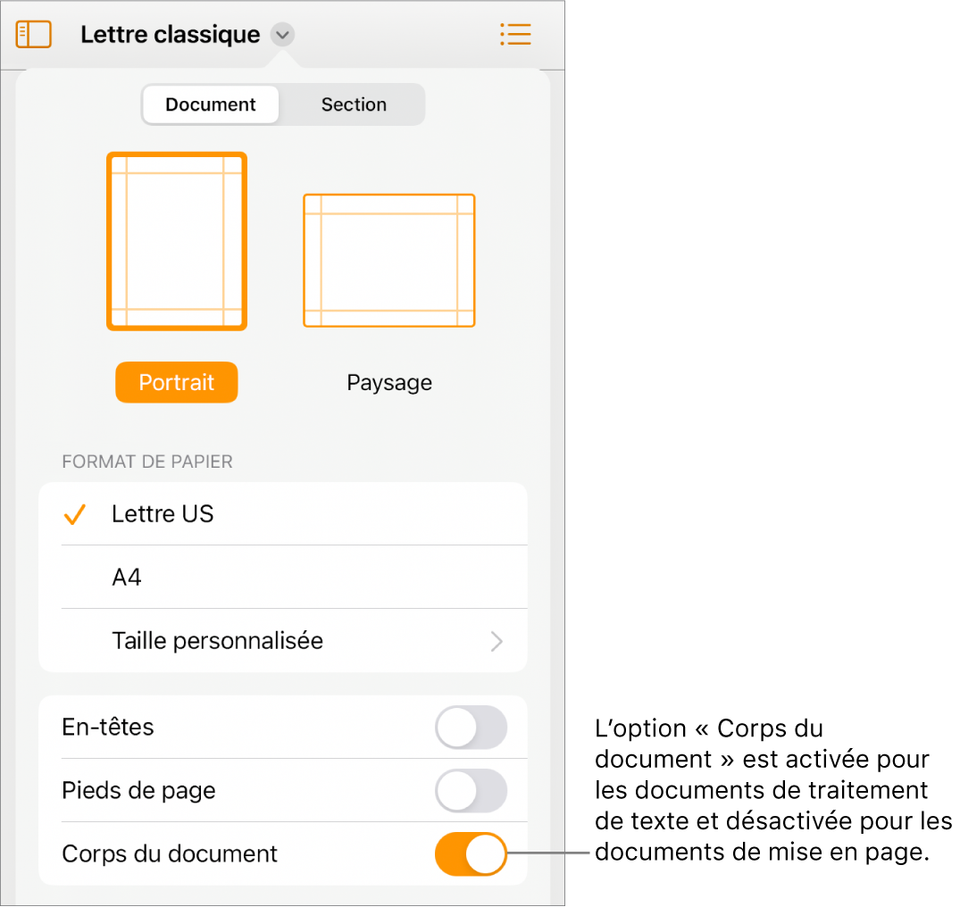 Les commandes de mise en forme de document avec l’option « Corps du document » activée vers le bas de l’écran.