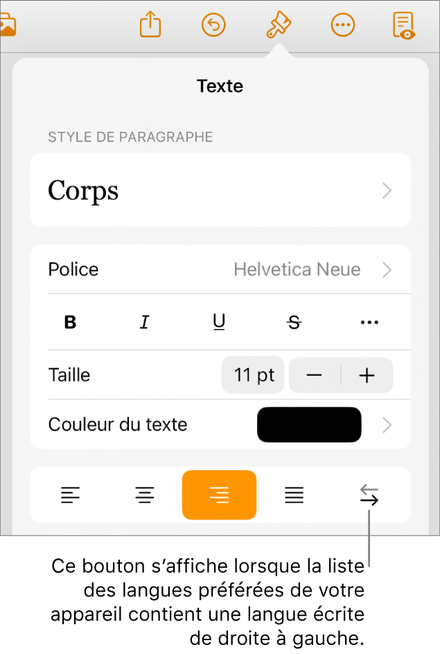 Les commandes de texte dans le menu Format avec une légende pointant vers le bouton « Droite à gauche ».