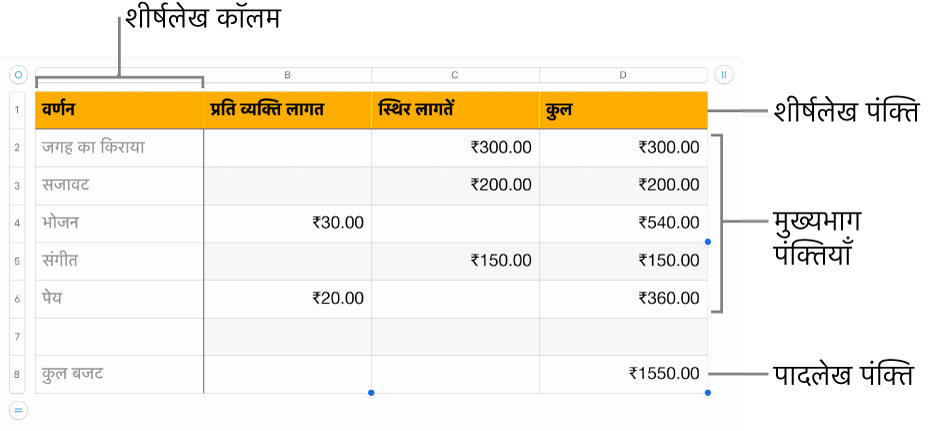 हेडर, मुख्य भाग और फ़ुटर पंक्तियों तथा कॉलम को दर्शाने वाला टेबल।