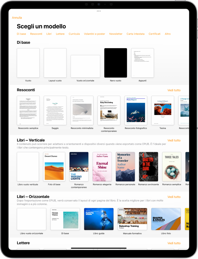 “Scelta modelli”, in cui è visibile una riga di categorie nella parte superiore dello schermo che puoi toccare per filtrare le opzioni. Sotto ci sono delle miniature di modelli con design predefinito disposte in riga per categoria, a partire da Recenti in cima e seguite da “Di base” e Resoconti. Viene visualizzato un pulsante “Vedi tutto” in alto e a destra di ciascuna riga della categoria.