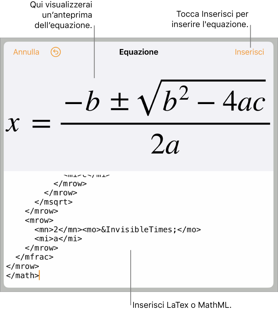 La finestra di dialogo Equazione che mostra l’equazione scritta tramite comandi MathML e un’anteprima della formula di cui sopra.