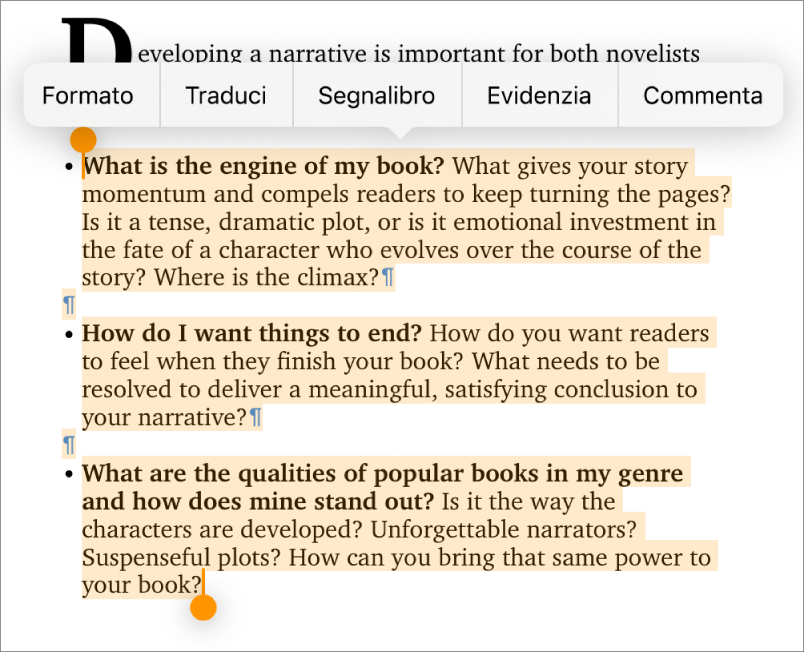 Testo con i simboli per un’interruzione di paragrafo e un’interruzione di sezione.