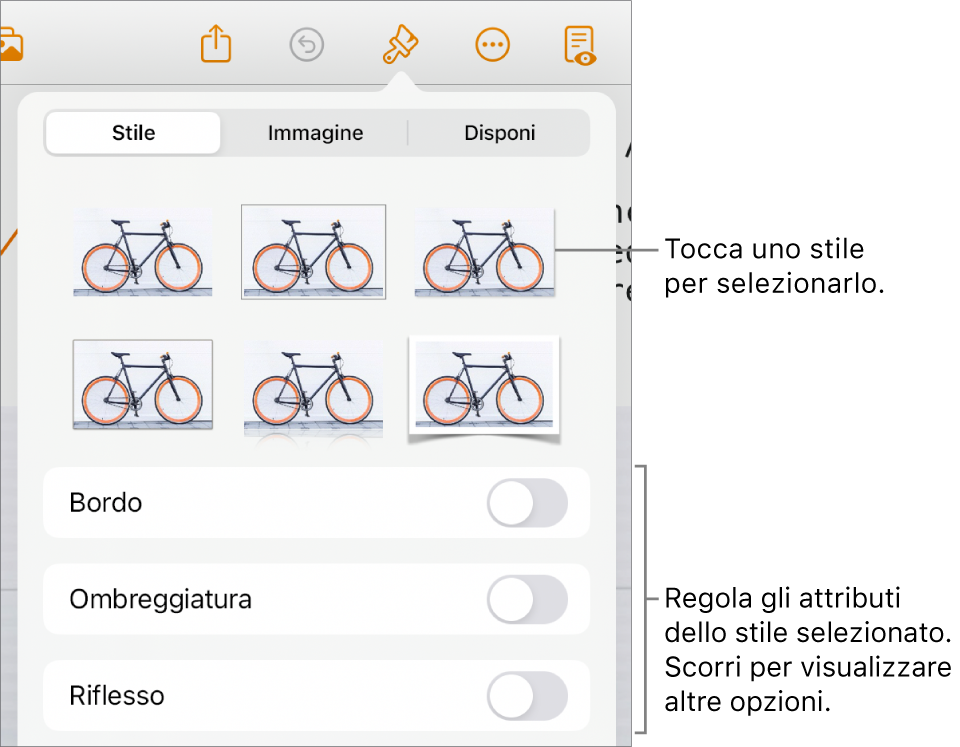 Pannello Stile del menu Formato con gli stili dell’oggetto in alto e un controllo sottostante per cambiare bordo, ombra, riflesso e opacità.