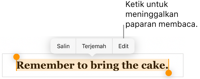 Ayat dipilih dan di atasnya ialah menu kontekstual dengan butang Salin dan Edit.