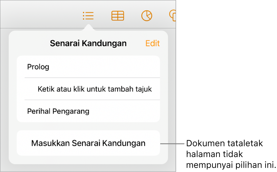 Paparan senarai kandungan dengan Edit di penjuru kanan atas, entri TOC dan butang Masukkan Senarai Kandungan di bahagian bawah.