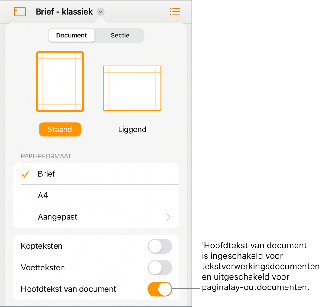 De opmaakregelaars in het tabblad 'Document'. 'Hoofdtekst van document' staat onder in het scherm en is ingeschakeld.