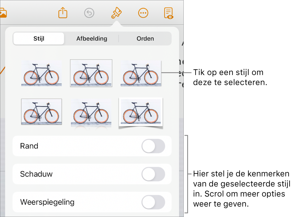 Het tabblad 'Stijl' in het opmaakmenu met bovenaan objectstijlen en eronder regelaars voor het wijzigen van de rand, schaduw, weerspiegeling en ondoorzichtigheid.