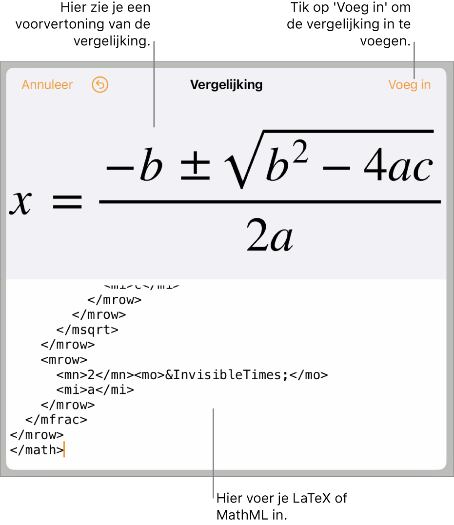 Het venster 'Vergelijking' met daarin een vergelijking die geschreven is met MathML-commando's en erboven een voorvertoning van de formule.