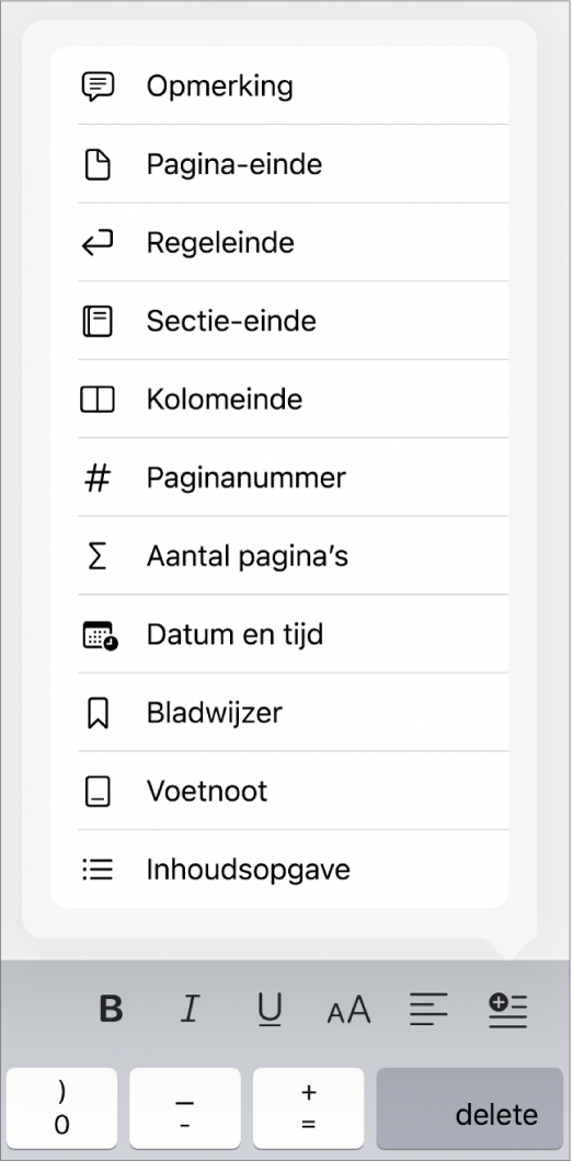 De contextuele balk met een geopend paneel met invoegregelaars boven de invoegknop.