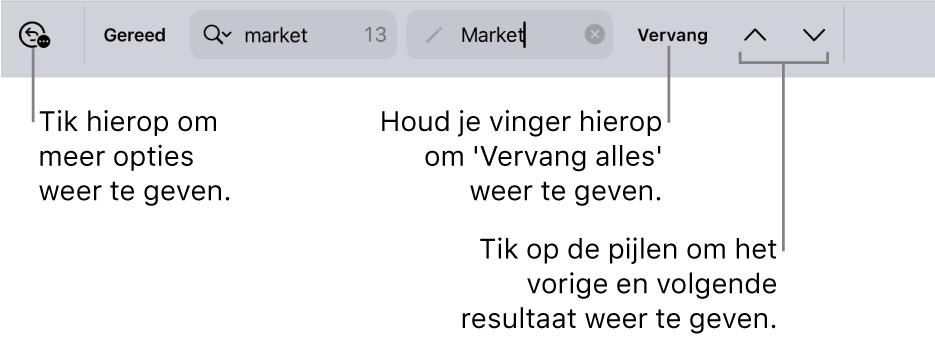 De zoek- en vervangregelaars boven het toetsenbord met uitleg bij de knop voor zoekopties, de knop 'Vervang' en de knoppen met een pijl-omhoog en pijl-omlaag