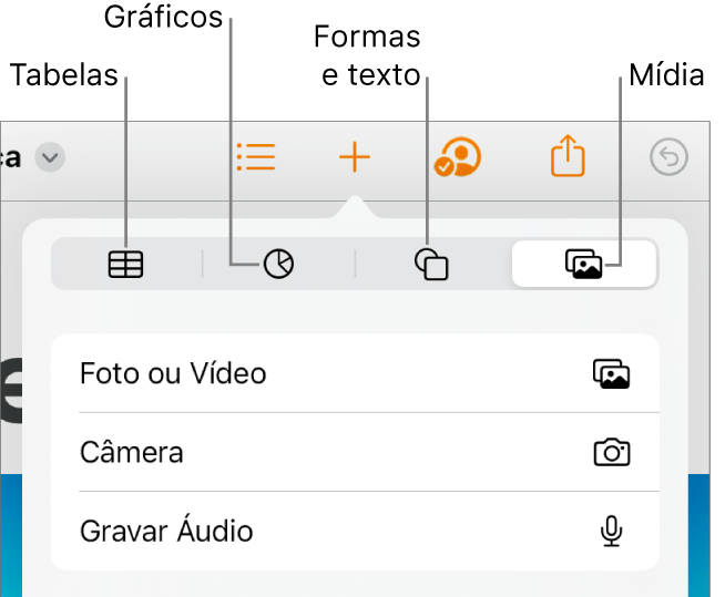 Controles de Inserir abertos com botões na parte superior para adicionar tabelas, gráficos, texto, formas e mídia.