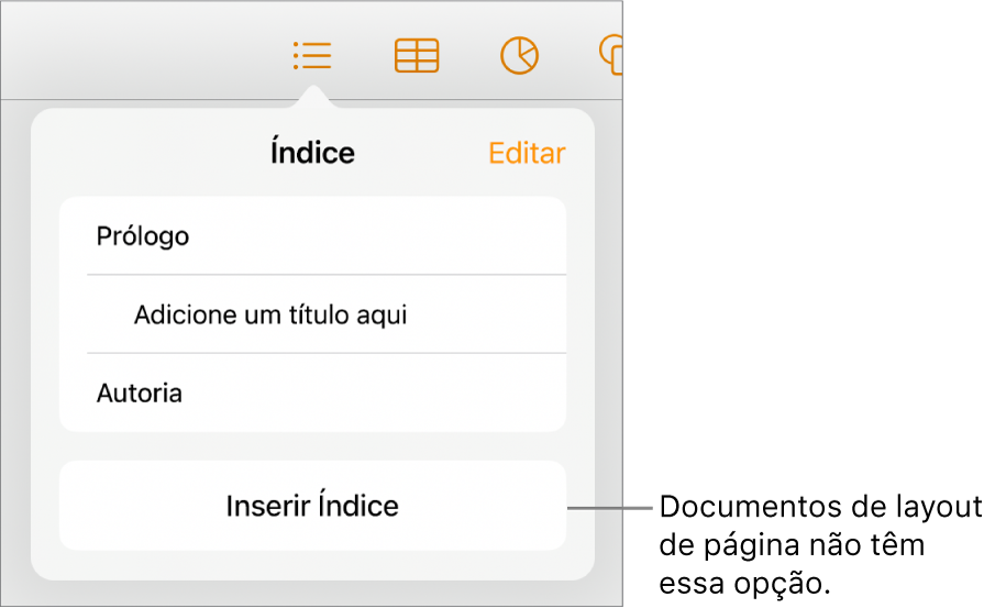 Visualização do índice, com Editar no canto superior direito, entradas do índice e o botão Inserir Índice na parte inferior.