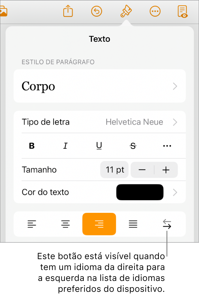 Controlos de texto no menu "Formatação” com uma chamada a apontar para o botão “Da direita para a esquerda”.