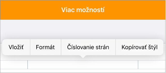 Tri polia hlavičky s kurzorom v strednom poli a vyskakovacie menu zobrazujúce Čísla strán.