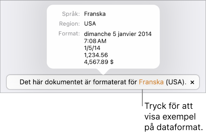 Meddelandet om olika språk- och regioninställningar samt exempel på formatering för det andra språket och den andra regionen.