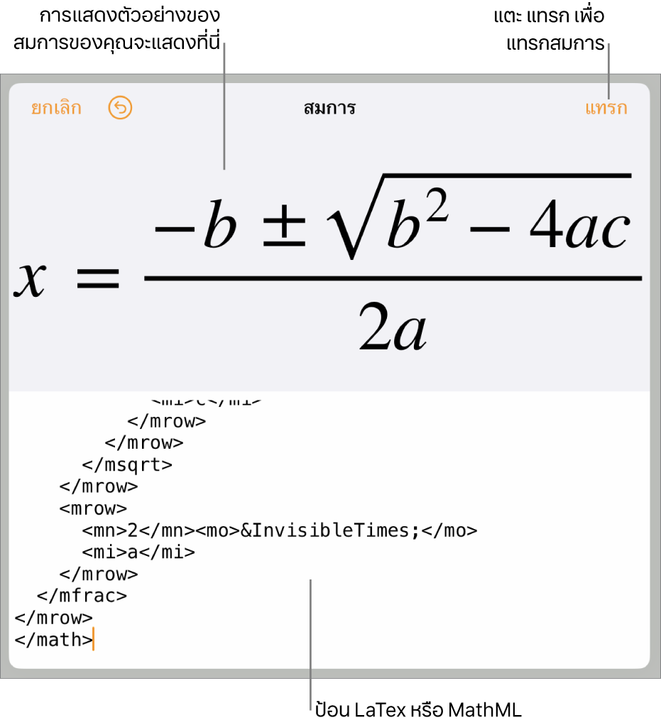 หน้าต่างโต้ตอบสมการ ที่แสดงสมการที่เขียนโดยใช้คำสั่ง MathML และการแสดงตัวอย่างของสูตรด้านบน