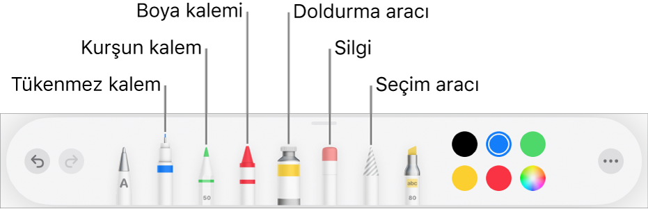 iPad’deki Pages’da kalem, kurşun kalem, mum boya, doldurma aracı, silgi, seçim aracı ve mevcut rengi gösteren renk kutusunu içeren çizim araç çubuğu.