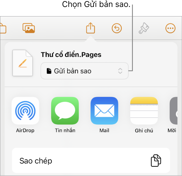 Menu Chia sẻ với Gửi bản sao được chọn ở trên cùng.