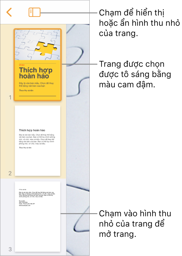 Chế độ xem Hình thu nhỏ của trang ở bên trái màn hình với một phần gồm hai trang, một đường phân cách, sau đó là một trang của phần tiếp theo. Nút Xem ở phía trên các hình thu nhỏ.