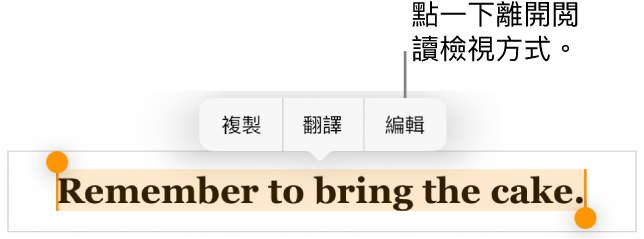 已選擇句子，其上方是包含「複製」和「編輯」按鈕的特色選單。